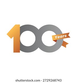Shiny Gold 100th Anniversary Vector with Gray Circles and Orange Ribbon Banner, Great for Birthday Party, Corporate Event, or Ceremony Card Design