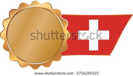 A shiny gold award seal featuring a circular metallic center with a flag of Switzerland on ribbon with gold outline