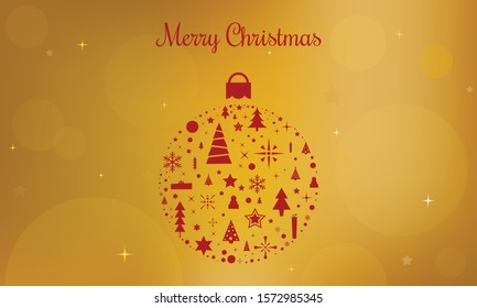 Shiny gold background with red Merry Christmas label and bauble made of Christmas vectors
