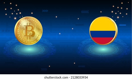 Shiny gold Bitcoin coin and Colombia flag on abstract digital background. Colombia flag and crypto currency illustration concept for banner, website, landing page, ads, flyer template.