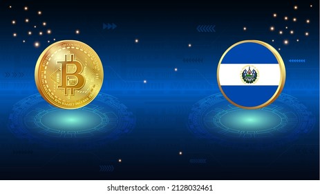 Shiny gold Bitcoin und El Salvador Fahne auf abstraktem digitalen Hintergrund. El Salvador Flag und Krypto Währung Illustration Konzept für Banner, Website, Landing Page, Anzeigen, Flyer Vorlage.