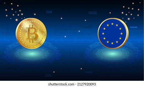 Shiny gold Bitcoin coin and European union flag on abstract digital background. EU and crypto currency illustration concept for banner, website, landing page, ads, flyer template.