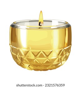 Shiny gold candle burning in glass reflection icon isolated