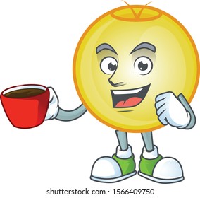 Shiny gold christmas ball mascot drinking with cup