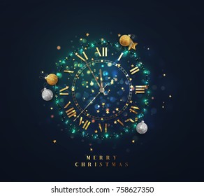 Shiny gold clock, five minutes to midnight. Merry Christmas. Xmas holiday. Glowing background with bright lights and sparkle bokeh