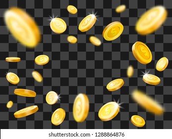 Shiny gold coins explosion. Falling money. Golden casino dollar coin cash jackpot win rain or lottery currency monetary fall. Vector realistic illustration concept