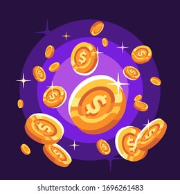 Schlaue Goldmünzen fallen ab. Fliegende Münzen auf violettem Hintergrund
