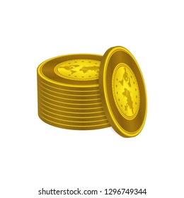 Shiny gold coins stack on white background. Coin icons design.