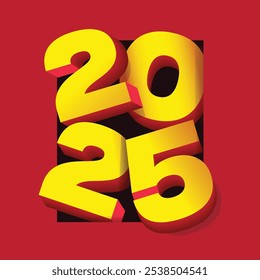 Cor de ouro brilhante 2025 efeito de texto 3d isolado em um fundo vermelho buraco negro. Cartas modernas e modernas para comemorar a véspera de Ano Novo. Número 2025 logotipo, adesivo, etiqueta, banner, modelo.