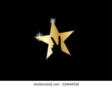 shiny gold colorful star with victory winning best hand gesture silhouette - excellence achievement award for young top male or female rock band singer icon symbol with black background