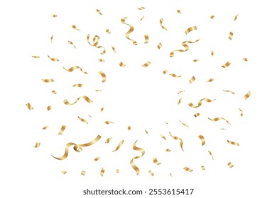 Shiny Gold Confetti Explosion on White Background for Birthday, Anniversary Designs. Bright glittering gold confetti explosion for party