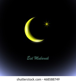 Shiny gold crescent moon with star. Greeting card template for muslim community festival Eid Mubarak celebrations. Vector background