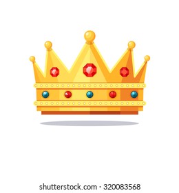 Shiny gold crown encrusted with rubies, emeralds and diamonds. Flat style vector illustration isolated on white background.