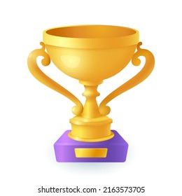 Shiny Gold Cup Or Trophy 3D Icon. Golden Prize Or Award For Winner Of Contest, Competition Or Championship 3D Vector Illustration On White Background. Success, Achievement, Victory Concept