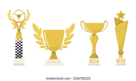 Shiny gold cups for sports competitions vector illustrations set. Cartoon drawings of trophies or awards for contest winners isolated on white background. Success, victory, achievement concept