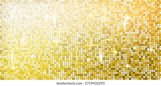 Fundo de bola de disco de ouro brilhante com padrão de mosaico e textura brilhante. Reflexões de luz dourada amarela na superfície de lantejoulas para a pista de dança glam. Ilustração de vetor shimmer.