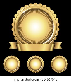 Shiny Gold Emblem & Seals - Shiny gold emblem with banner, and 3 individual gold seals in different styles. File is layered, and each seal is grouped separately for easy editing.