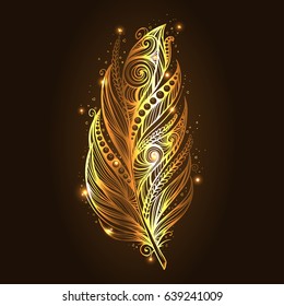 Shiny gold feather over dark background. Vector illustration.