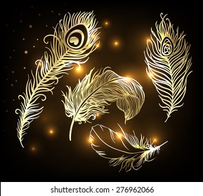 Shiny gold feather set over dark background. Concept for temporary flash metallic tattoo. Vector illustration.