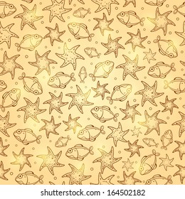 Shiny Gold Fish Seamless Hand Drawn Pattern. Marine Vector Illustration of Sea Life