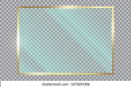 Shiny gold frame with glass. Clear glass showcase. Realistic window mockup. Acrylic and glass texture with glares and light.