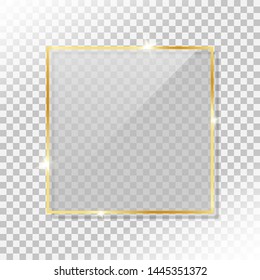 shiny gold frame with glass and glow shine flare effect and drop shadow on transparent background. vintage luxury golden frame element for gift card, greeting card and celebration banner.