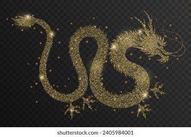 Shiny gold glitter transparent chinese dragon silhouette. New year light effect for holiday background, greeting card, invitation, web banner.	
