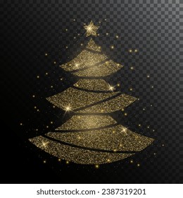 Brillante dorado brillo transparente silueta árbol de Navidad. Feliz Navidad y efecto luz de año nuevo para el fondo de vacaciones, tarjeta de saludo, invitación, banner web.