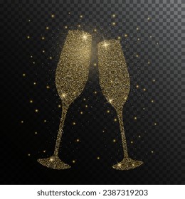 Shiny gold glitter transparent silhouette glasses of champagne. Merry Christmas and new year light effect for holiday background, greeting card, invitation, web banner.