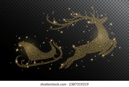 Shiny gold glitter transparent silhouette reindeer and Santa sleigh. Merry Christmas and new year light effect for holiday background, greeting card, invitation, web banner.