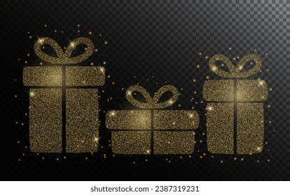 Brillante oro brillante transparente silueta regalo de Navidad. Feliz Navidad y efecto luz de año nuevo para el fondo de vacaciones, tarjeta de saludo, invitación, banner web.