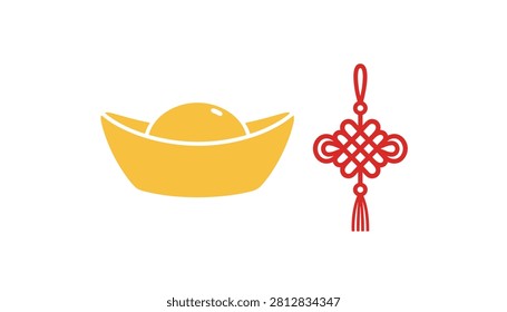 Shiny gold ingot displayed alongside a decorative red Chinese knot symbol representing wealth and prosperity for festive celebrations.