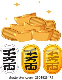 Shiny gold ingots and oval coins with Chinese characters, flat vector style, white background