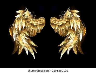 Shiny, gold, jewelry, bird wings on black background. Golden wings. Hand drawn vector art.