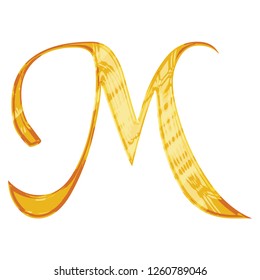 Shiny gold letter M illustration in a golden metallic vector design with an old fashioned ancient medieval or medieval font style