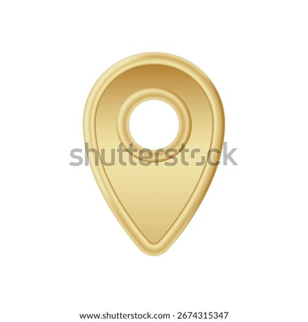 Shiny gold location pin with circular hole at the center. smooth metallic texture and sleek design.