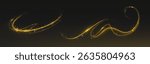 Shiny gold magic light trail set on black background - glowing wavy spiral swirls, sparkling stardust glitter particles, luminous cosmic comet tails. Luxury realistic festive decoration element pack.