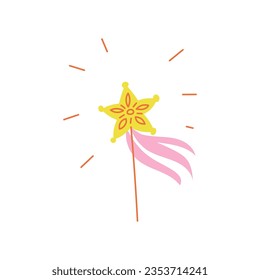 Shiny gold magic wand. Vector magic wand with a star on the end. Cartoon fairy tale symbol illustration. Childrens hand drawing isolated on white background