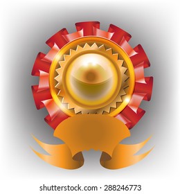 shiny gold medal achievement award red ribbon vector
