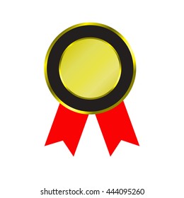 shiny gold medal and red ribbon isolated on white background.