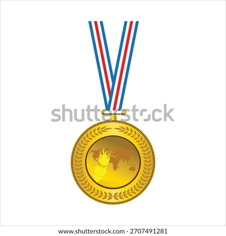 Shiny Gold Medal with World Map and Flaming Torch on Red White Blue Ribbon, First Place Award for Global Competition Flat Vector Illustration

