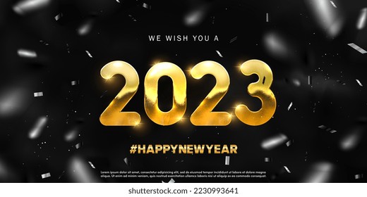 Shiny gold metal 2023 new year greetings with silver confetti on black background. Happy 2023 New Year gold text on black. Festive premium design for holiday card, invitation, calendar poster. Vector.