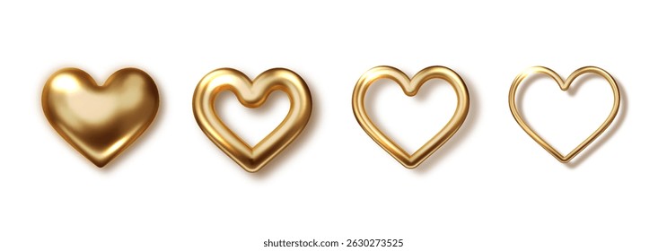 Shiny gold metal heart set. Realistic 3D romantic symbol with soft light and reflections. Love icon for Valentine's, weddings, or greeting card vector design.