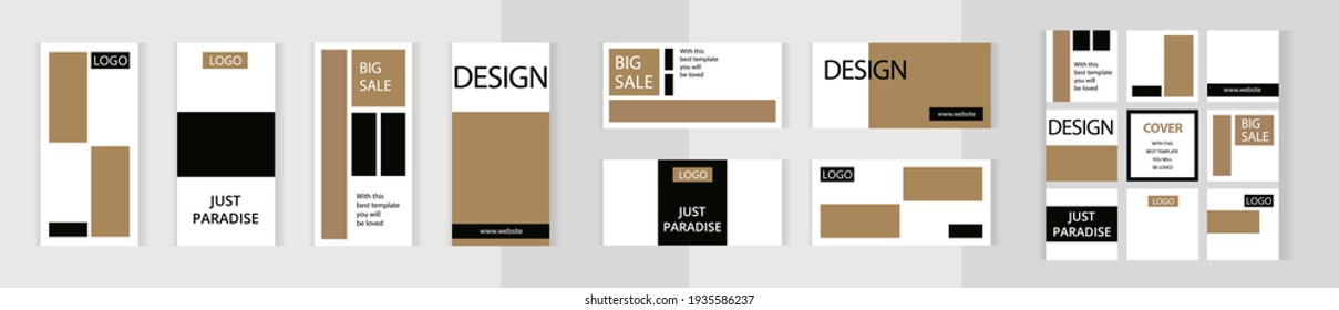 Shiny gold, natural style. Big set of editable vertical, horizontal and square style photo collage banners. Minimalism instagram templates for social media posting and online advertising.