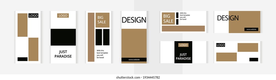Shiny gold, natural style. Set of editable vertical and horizontal photo collage banners. Minimalism instagram templates for social media posting and online advertising. 