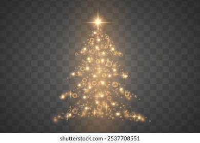 Shiny gold particles shine.Vector glitter lights in the form of a Christmas tree with bright glowing particles.