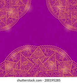 Shiny Gold Purple Invitation Card with Lace Mandala Decoration and Place for Text