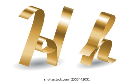 Shiny gold ribbon H letters of the English alphabet on a white background and shadows. Vector 3D illustration for holiday event