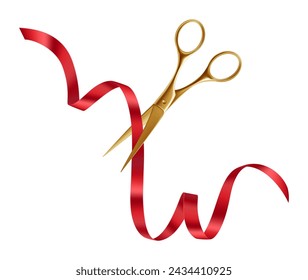 Shiny Gold Scissors, Red Ribbon. Festive Opening Event. Vector illustration