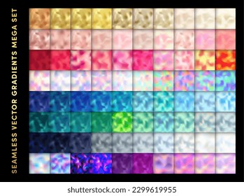 Shiny gold seamless foil patterns mega set. Golden, rose gold, silver, pink, holographic, blue, green and violet metallic backgrounds bundle. Elegant gradient mesh papers collection